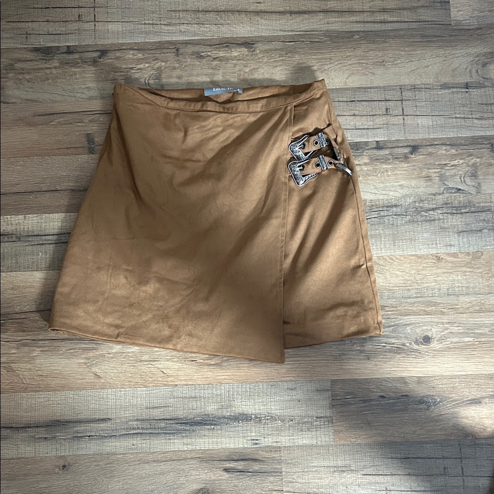Brown Faux Suede Mini Skort with Buckle Detail